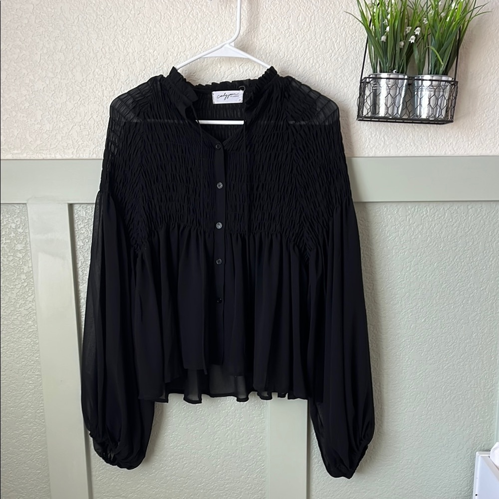 Carly Jean Los Angeles Black Smocked Long-Sleeve Blouse